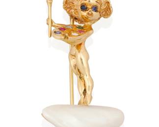 1025 Ruser: A 14K Gold, Freshwater Pearl and Gem-Set Brooch Featuring an artist atop a baroque freshwater pearl holding a gem-set painters' palette, signed Ruser Measures: 1 3/4 x 1 in. 13.8 grams gross Estimate: $1,000 - $1,500