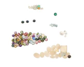 1207 A Group of Loose Gemstones Including various cuts of opal, tourmaline, garnet, spinel, turquoise, topaz, sapphires and emeralds loose and some in papers in the box Estimate: $800 - $1,200