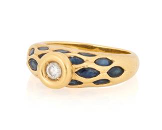 1157 An 18K Gold, Sapphire and Diamond Ring Featuring marquise-shaped sapphires centering a single round diamond Size: 6 1/2 5.7 grams Estimate: $400 - $600