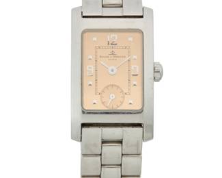 1168 Baume Mercier: A Stainless-Steel Watch Dial: 14.70 mm, rectangular copper dial with Panerai hour markers Model: mv045139 Case: 20.30 mm Case number: 3194546 Closure: stainless steel butterfly clasp Signed: dial, case and clasp, with original box Inner circumference: 6 1/2 in. 66.7 grams gross This lot is being offered with no reserve Estimate: $300 - $500