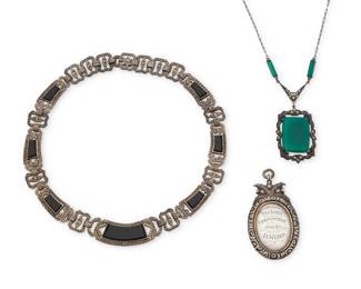 1199 A Group of Sterling Silver Jewelry Comprising an Art Deco-style sterling silver and marcasite collar link necklace with set onyx, a pendant necklace with set green stone and marcasite suspended on a fine chain, and a commemorative sterling silver pendant for the Victory Competition winner, Roslin Bowling Club, 1938, each marked for sterling, the pendant with hallmarks for Birmingham 3 pieces Necklace: 18 1/4 in. L & 15 1/2 in. L; pendant: 3 in. x 1 1/2 in. 144.9 grams gross This lot is being offered with no reserve Estimate: $500 - $700