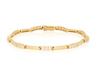 1123 A 14K Gold and Diamond Bracelet Featuring high polish bar links accented by connectors featuring round diamonds weighing approximately 0.80 carat Length: 7 1/2 in. 11.1 grams Estimate: $700 - $1,000