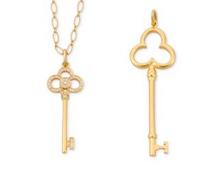 1012 Tiffany & Co.: Two 18K Gold Key Pendants Including a high polish gold key pendant together with a gold and diamond set key pendant suspended from an 18k gold chain, all signed Tiffany & Co. 2 pieces Chain: 20 in., Pendants: 2 in. and 1 1/4 in. 11.9 grams gross Estimate: $1,500 - $2,500