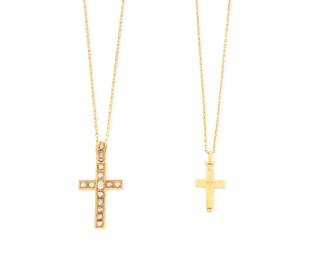 1080 Two Gold and Diamond Cross Necklaces Including two oval link chains suspending a gold and rose-cut diamond cross and an etched cross pendant 2 pieces Chain: 19 in., 31 in., Pendants: 1 in. and 1 3/4 in. 17.3 grams gross Estimate: $1,800 - $2,500