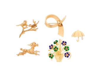1110 A Group of Five Gold Brooches Including an 18k gold basket of flowers together with a 14k gold poodle, birds on a branch, an umbrella and a swoop design 5 pieces Measures: 3/4 - 1 3/4 in. 43.0 grams gross Estimate: $2,800 - $3,500