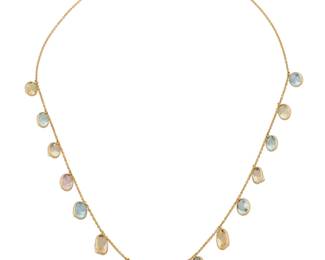 1139 An 18K Gold and Gem-Set Necklace Featuring graduated oval aquamarines, green beryl and morganite measuring approximately 8.04 x 6.46 mm - 9.75 x 8.00 mm Length: 16 - 18 in. with extender 10.4 grams gross Estimate: $1,800 - $2,500