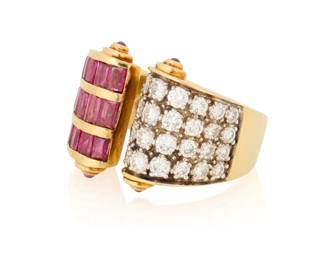 1002 An 18K Gold, Diamond and Ruby Ring Of a scrolling design featuring three rows of rectangular-cut rubies, accented by four rows of graduated round diamonds and finished with four round cabochon rubies, with maker's mark Size: 6 1/2 10.1 grams gross This lot is being offered with no reserve Estimate: $1,200 - $1,800