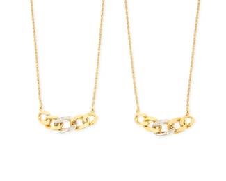 1104 Two 18K Bi-Color Gold Necklaces Including two necklaces of a yellow and white gold Cuban link design accented by round diamonds 2 pieces Lengths: 16 in. 19.9 grams gross Estimate: $1,800 - $2,500