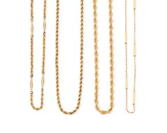 1084 A Group of Four 14K Gold Chains Featuring rope and bar link designs 4 pieces Lengths: 15 in., 17 in., 20 in., and 23 in. 59.0 grams gross Estimate: $3,500 - $4,500