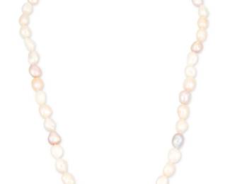 1142 An 18K Gold and Colored Baroque Cultured Pearl Necklace Featuring white, peach and pink baroque pearls measuring approximately 10.50 mm Length: 26 in. 94.8 grams gross This lot is being offered with no reserve Estimate: $300 - $500