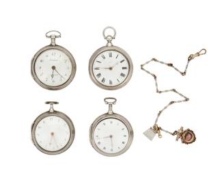 1173 A Group of English Open Faced Verge Pocket Watches and Watch Fob & Chain Including John Highly of Sheerness, Brough of Workington, G.M. Smith of London, and a watch with an unmarked movement with a dial marked Graham London 5 pieces Sizes: 14s-18s This lot is being offered with no reserve Estimate: $400 - $600