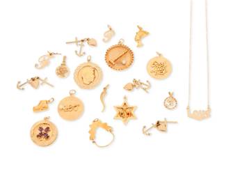 1036 A Group of Gold Charms Including a love necklace, a charm pendant holder, good luck and 'love, hope and faith' charms 19 pieces Lengths: 1/2 - 1 1/2 in. 49.0 grams gross Estimate: $3,000 - $5,000