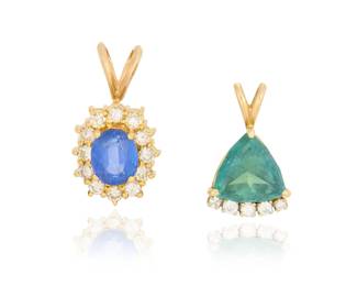 1140 Two 14K Gold, Gem-Set and Diamond Pendants One featuring an oval sapphire surrounded by round diamonds together with a pendant set with a triangular green tourmaline accented by round diamonds 2 pieces Measures: 7/8 in. and 3/4 in. 6.0 grams gross Estimate: $1,000 - $1,500