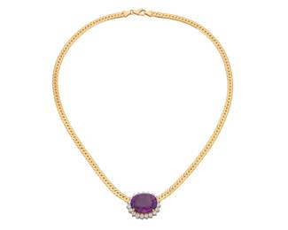 1126 An 18K Bi-Color Gold, Amethyst and Diamond Necklace Featuring a herringbone chain centering an oval amethyst weighing approximately 18.00 carats, encircled by round diamonds weighing approximately 1.90 carats Length: 18 in. 35.0 grams gross Estimate: $2,000 - $3,000