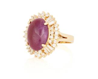 1150 A 14K Gold, Ruby and Diamond Ring Centering an oval ruby cabochon measuring approximately 116.33 x 11.82 x 5.58 mm, accented by round and tapered baguette diamonds weighing approximately 1.50 carats Size: 7 11.4 grams gross Estimate: $2,000 - $2,500