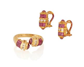 1003 An 18K Gold, Ruby and Diamond Ring and Earring Set Of a geometric design featuring round ruby cabochons and baguette rubies accented by twelve round diamonds weighing approximately 0.24 carat 3 pieces Ring: 4 3/4, Earrings: 5/8 x 1/4 in. 12.1 grams gross Estimate: $1,000 - $1,500