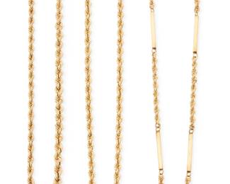 1119 A Group of Three 14K Gold Chains Featuring rope and bar link designs 3 pieces Lengths: 18 in., 19 in. and 22 in. 51.0 grams gross Estimate: $3,500 - $4,500