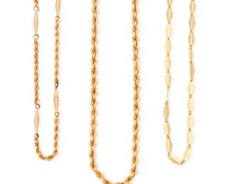 1118 A Group of Three 14K Gold Chains Featuring rope and geometric link designs 3 pieces Lengths: 20 in., 21 in., and 24 in. 57.0 grams Estimate: $3,500 - $4,500