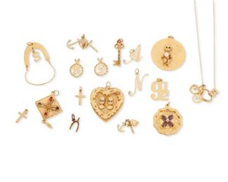 1031 A Group of Gold Charms Including a charm necklace, charm holder, crosses, initials and key to success 17 pieces Measures: 1/2 - 2 in. 56.0 grams gross Estimate: $3,500 - $5,500