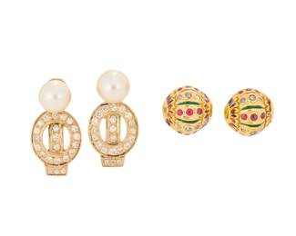 1091 Two Pairs of Gold and Gem-Set Earrings Including a pair of 18k gold of dome design set with round rubies and rose-cut diamonds accented by blue and green enamel together with a pair of 14k gold topped with two gold cultured pearls accented by round diamonds 4 pieces Measures: 3/4 - 1 in. 12.4 grams gross Estimate: $700 - $900