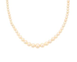 1066 A 14K White Gold and Cultured Pearl Necklace Of a single strand design featuring natural saltwater pearls measuring approximately 3.17 - 7.27 mm, finished with a 14k white gold and diamond set clasp Length: 18 in. 11.8 gram gross Accompanied by a GIA Report numbered #1236898184, dated March 18, 2026, stating the Pearl as cultured Saltwater Pinctada species, no treatment, Light cream with pink and green overtone, with 12 imitations (see comments) This lot is being offered with no reserve Estimate: $500 - $700