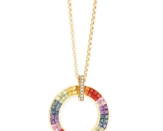 1060 A Gold, Colored Sapphire and Diamond Necklace Featuring an 18k gold rolo chain suspending a round 14k gold disc pendant set with tapered multi-colored sapphires finished with a gold bar accented with round diamonds Chain: 16 in., Pendant: 1 3/8 in. 11.2 grams gross Estimate: $800 - $1,200