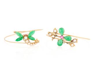 1068 A Pair of 14K Gold and Jade Bangles Of an articulate design featuring a flower and dragonfly design set with jade cabochons, seed pearls and round rubies, with makers marks Inner circumference: 6 1/2 in. 19.3 grams gross Estimate: $1,500 - $2,000
