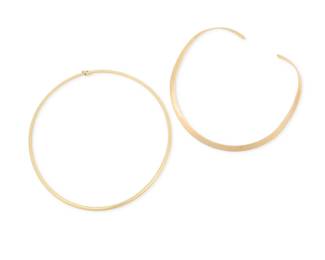 1094 Two 14K gold Necklaces One of an omega link design the other of a structed open collar design 2 pieces Lengths: 16 in. and 18 in. 70.2 grams gross Estimate: $3,000 - $5,000