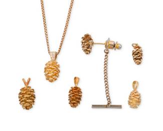 1116 A Group of Gold Jewelry Including four 14k gold pendants, one pin and one pendant necklace including a 9k gold chain all of a pinecone design 6 pieces Chain: 18 in., Pendants: 3/4 - 7/8 in. 22.9 grams gross Estimate: $1,000 - $2,000