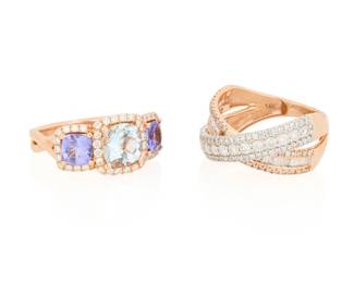 1136 Effy: Two 14K Bi-Color Gold, Gem-Set and Diamond Rings Including a white and rose gold bypass design accented by round and baguette diamonds weighing approximately 1.00 carat, together with a three stone ring featuring tanzanite and aquamarine accented by round diamonds, both signed Effy 2 pieces Size: 6 9.0 grams gross Estimate: $800 - $1,200