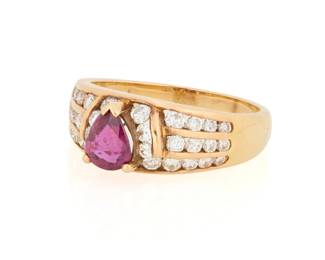 1144 A 14K Gold, Ruby and Diamond Ring Centering a pear-shaped ruby weighing approximately 0.65 carat, accented by rows of round diamonds Size: 8 1/2 6.1 grams gross This lot is being offered with no reserve Estimate: $700 - $900