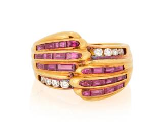 1101 An 18K Gold, Ruby and Diamond Ring Of a bypass design featuring rectangular-cut rubies accented by round diamonds, no. 9359 Size: 8 1/2 11.3 grams gross This lot is being offered with no reserve Estimate: $1,200 - $1,800