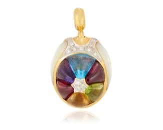 1059 An 18K Gold, Gem-Set and Diamond Pendant Of a geometric design featuring tapered cabochons of blue topaz, amethyst, citrine, garnet and peridot accented by round diamonds Measures: 1 1/4 x 3/4 in. 9.1 grams gross Estimate: $500 - $700