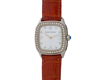 1169 David Yurman: A Stainless-Steel and Diamond Watch Dial: 18.00 mm, square mother-of-pearl dial with diamond hour markers Case: 24.00 mm Case number: A-08222, T304-XSST Closure: red leather strap with stainless-steel buckle Signed: dial, case and clasp Inner circumference: 6 - 7 1/2 in. 24.9 grams gross Estimate: $600 - $800