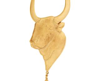 1076 A Brass Bull Brooch Of a long horn bull design suspending a tassel, signed GW + ST Measures: 6 1/2 x 3 in. 48.2 grams gross This lot is being offered with no reserve Estimate: $600 - $800