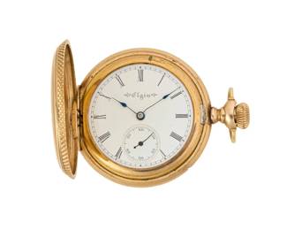 1171 Elgin: A Pocket Watch Dial: white with Roman numerals and subsidiary seconds dial Model: 6015552 Case: hunter-cased, nail groove opening, with inset simulated diamond Case number: 821303 Size: 4/0s 39.2 grams gross This lot is being offered with no reserve Estimate: $200 - $300