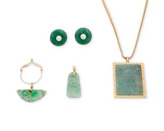 1071 A Group of Gold and Jade Jewelry Including a pair of jade disc and cultured pearl earrings, two carved jade and gold pendants together with a rectangular carved jade and gold pendant suspended from a gold chain 5 pieces Earrings: 3/4 in., Pendants: 2 in. and 1 1/2 in., Necklace: 18 in. chain 47.7 grams gross Estimate: $700 - $900