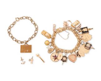 1032 A Group of Gold and Mixed Metal Jewelry Including a 10k gold bracelet with a single calendar charm, a 14k gold bracelet with twenty-one charms of 14k and 10k gold and mixed metal, together with three additional 14k gold charms 5 pieces Bracelets: 6 3/4 in and 7 1/4 in. 91.0 grams gross Estimate: $2,000 - $3,000