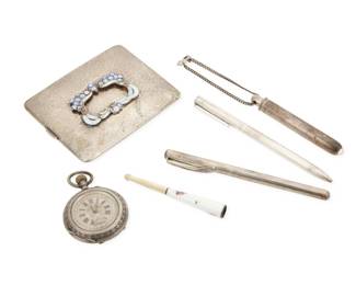 1183 A Group of Sterling Silver Accessory Items including Tiffany & Co. Six works comprising two Tiffany & Co. sterling silver pens, including an Elsa Peretti pen, and a Tiffany & Co. sterling silver chatelaine flashlight fob on a chain, together with a hammered sterling silver cigarette case with blue enamel floral motif to cover, a sterling silver and bone cigarette holder with blue enamel floral motif plaque, and a Delémont pocket watch with chased silver case and silver and gold-toned face and hands, five marked for sterling and six for maker, watch engraved to interior case: No. 8195, M Pétal 6 pieces Pens: each 5 in. L; light: 3 3/8 in.; case: 3 1/4 in. x 4 1/8 in. x 1/4 in.; holder: 3 1/8 in. L; watch: 2 3/4 in. H x 2 in. Dia. x 1/2 in. D 282.0 grams gross This lot is being offered with no reserve Estimate: $200 - $400