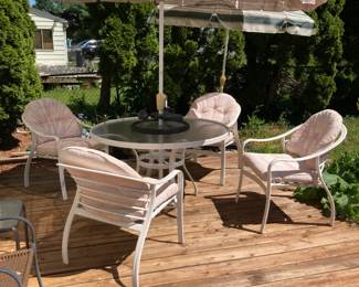 Outdoor Living: Patio Furniture set with like new cushions, Umbrella, Glass Top