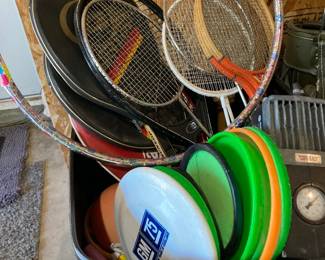 Sporting Goods, Tennis Rackets, Basketballs, Frisbees, Badminton rakets, Wooden Bats, baseball gloves and balls