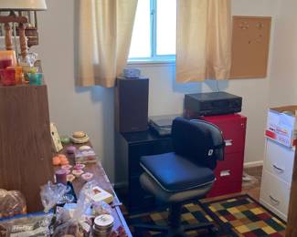 Office & Stereo Room: Office Supplies, File Cabinets, Computer Desk and Chair, Technics Stereo, Record Player, and Speakers