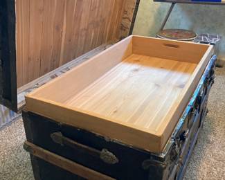 Restored Antique Steamer Trunk Partial Interior with Shelf, Polished Metal corners, restored leather straps, cedar lined, Lock and key Included.
