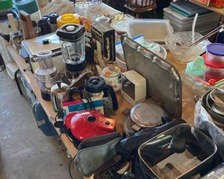 Vintage Kitchen, Appliances, Juiceman Juicemaker (unopened), Crockpots, Vintage Electric Can Openers, Cuisinart Blender, Vintage Deep Fryer, Food Processor, Vintage Waffle Maker, Sanitair vacuum