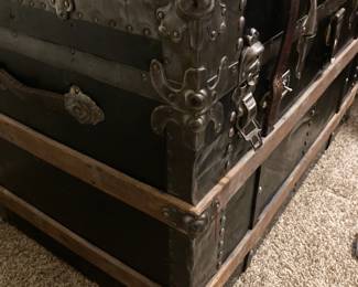 Restored Antique Steamer Trunk, Polished Metal corners, restored leather straps, cedar lined, Lock and key Included.