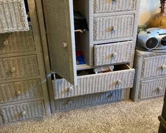 Boho Wicker Bedroom set including dressers, nightstands, tall drawer set, desk and mirrors.
