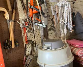 Workshop & Outdoor Zone: Assorted tools, some Vintage, Work bench, Carpet Cleaner, Outdoor Chimes