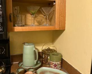 Frankoma Pottery, Pitcher, Platters, Serving Container, Vintage Metal Cookie Jar