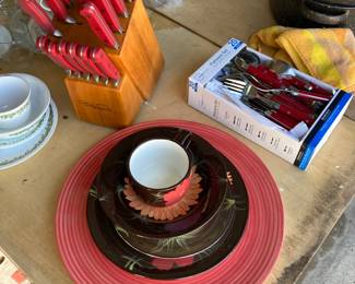8 Piece Flower Dish Set, with Red handle flatwear, Knife set (new), matching WP pots and pans