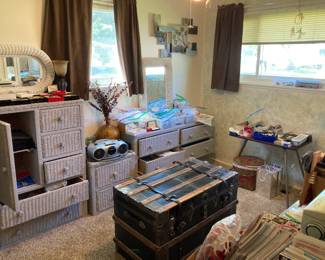 Vintage Boutique: Wicker Furniture Set, Vintage Hats, Scarves, Jewelry, Shoes, Restored Steamer Trunk